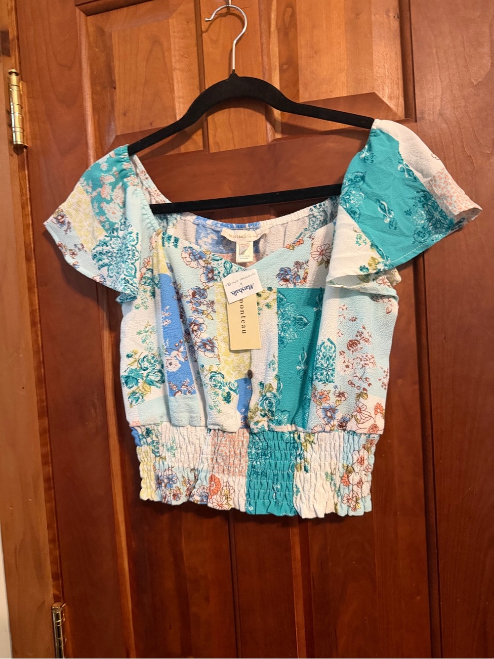 Monteau Floral Patchwork Smocked Waist Crop Top - Aqua Blue